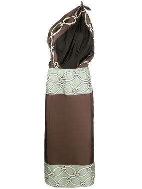 Valentino Garavani Brown and Mint Silk Halter Maxi Dress with Chain Motif